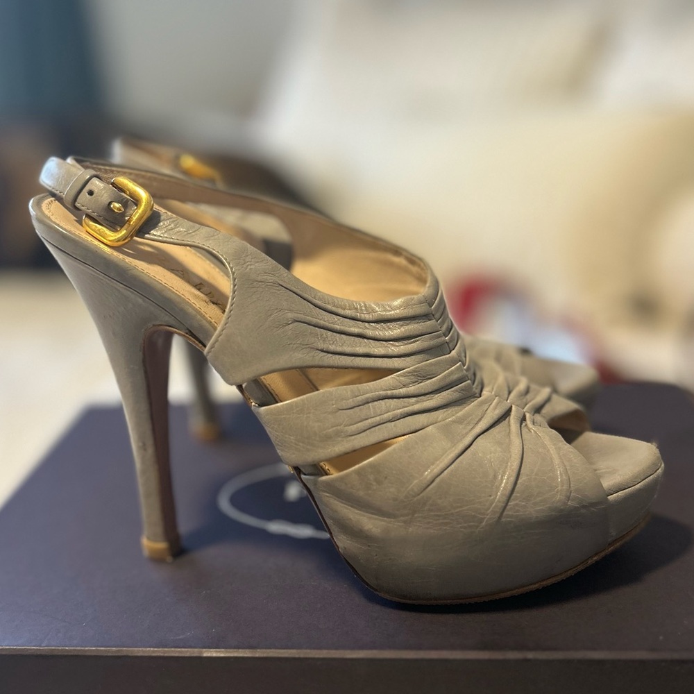 Prada Grey Leather 7 1/5 4” Heels